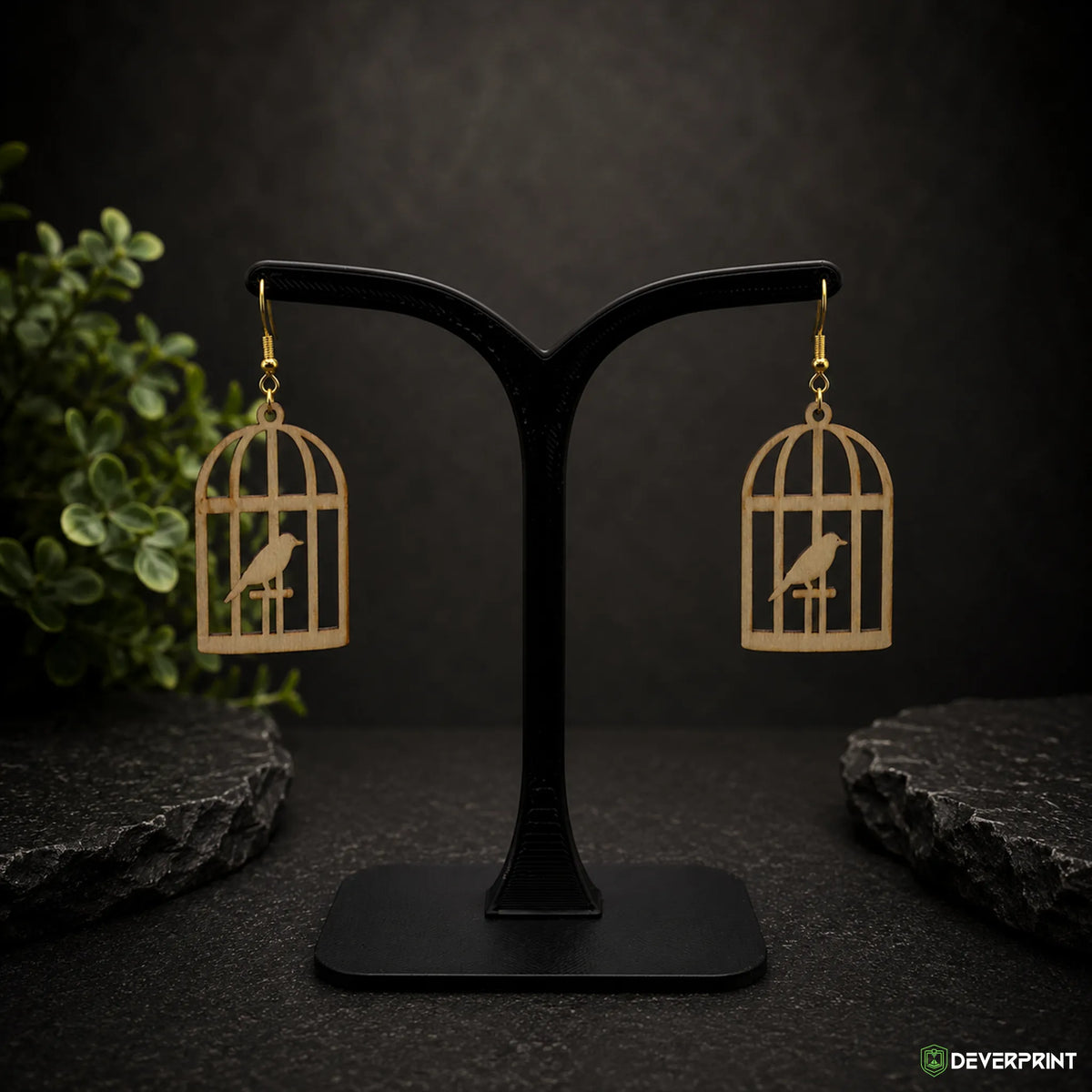Boucles d’oreilles Cage à oiseau en bois – Crochets dorés ou argentés