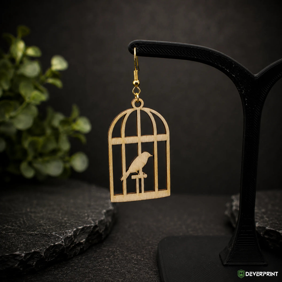 Boucles d’oreilles Cage à oiseau en bois – Crochets dorés ou argentés