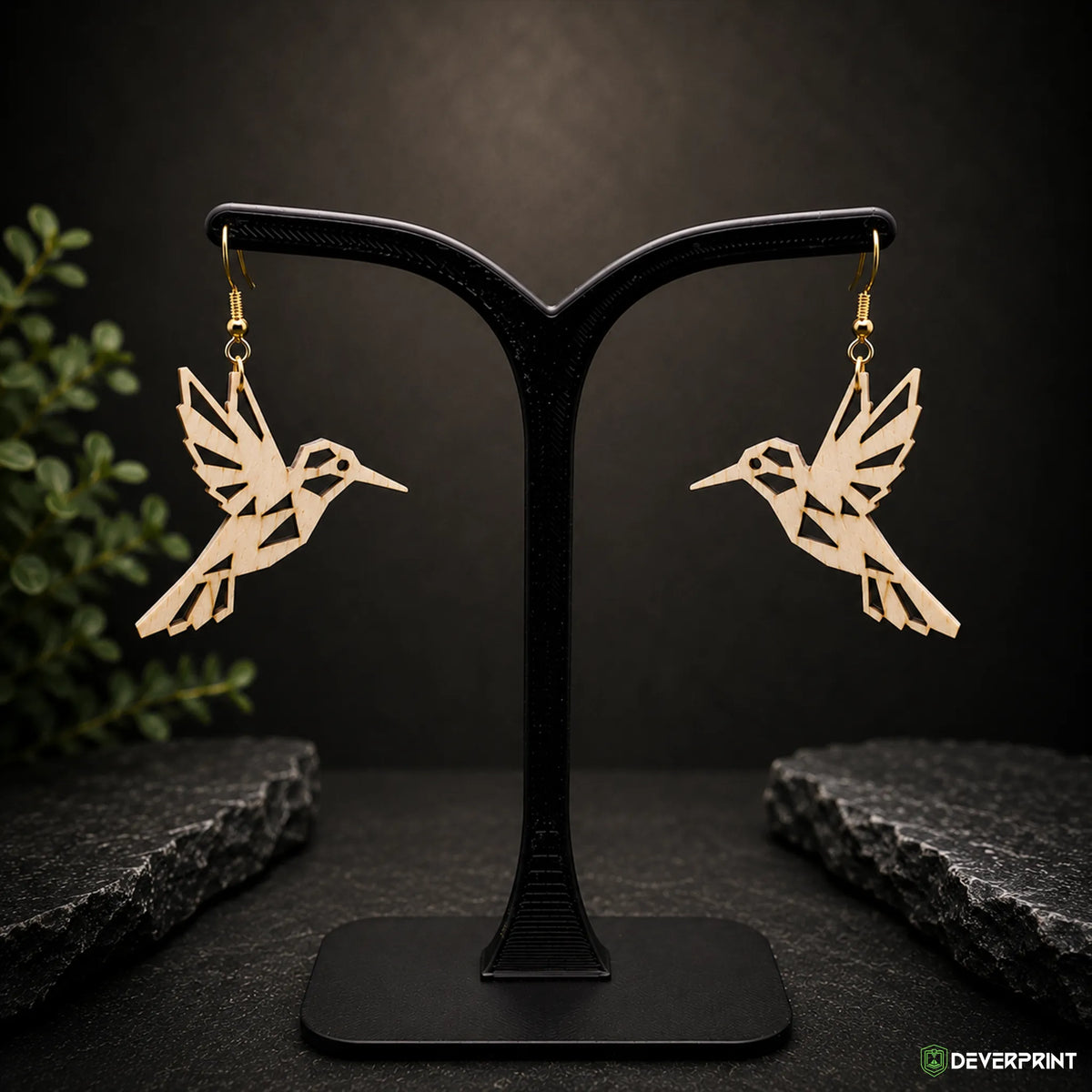 Boucles d’oreilles Colibri Origami en bois – Crochets dorés ou argentés