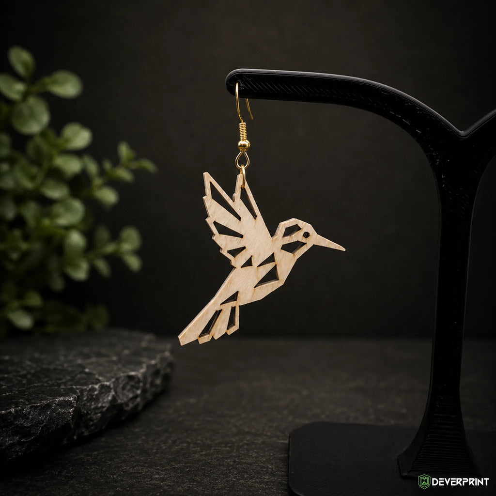 Boucles d’oreilles Colibri Origami en bois – Crochets dorés ou argentés