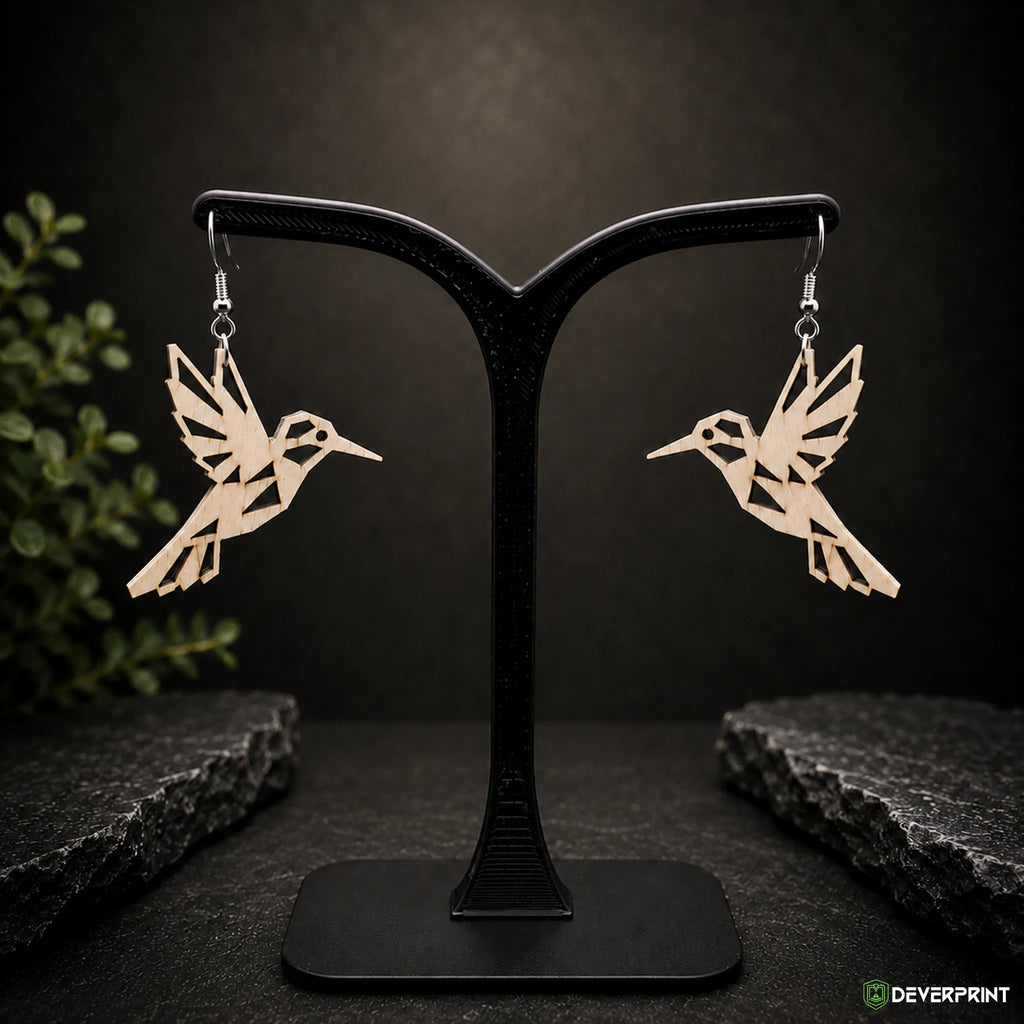 Boucles d’oreilles Colibri Origami en bois – Crochets dorés ou argentés