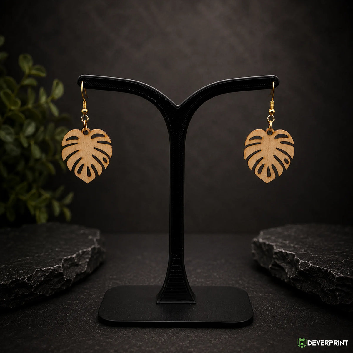 Boucles d’oreilles Feuille tropicale en bois – Crochets dorés ou argentés