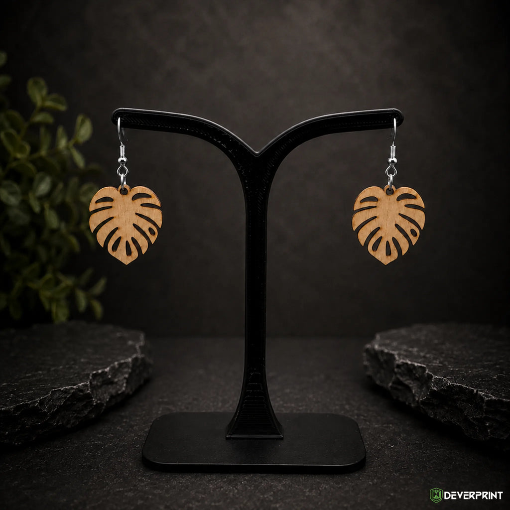 Boucles d’oreilles Feuille tropicale en bois – Crochets dorés ou argentés