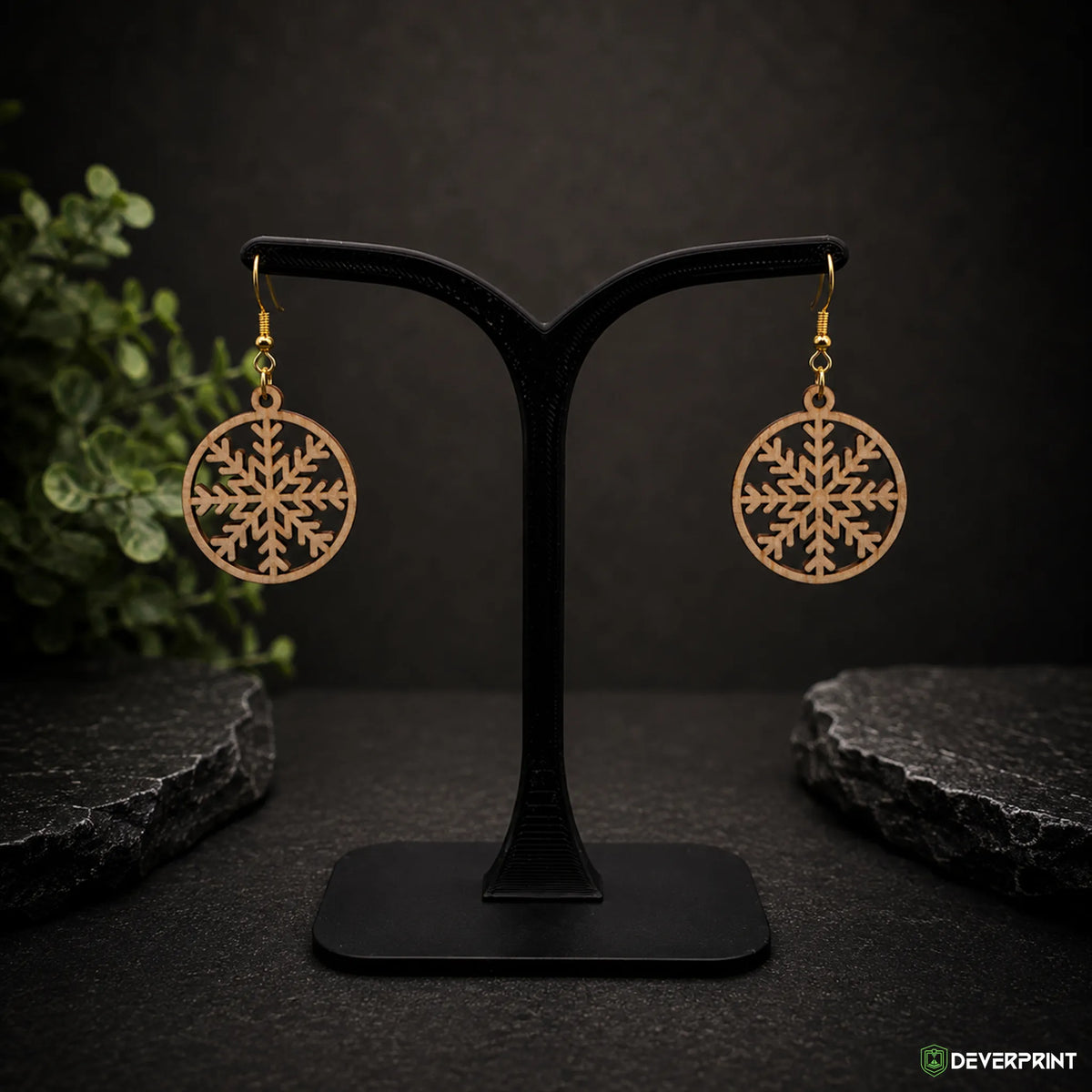 Boucles d’oreilles Flocon de neige en bois – Crochets dorés ou argentés