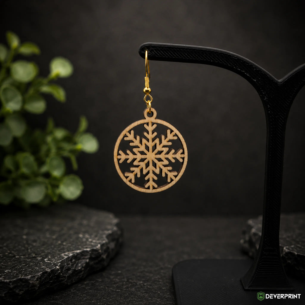 Boucles d’oreilles Flocon de neige en bois – Crochets dorés ou argentés