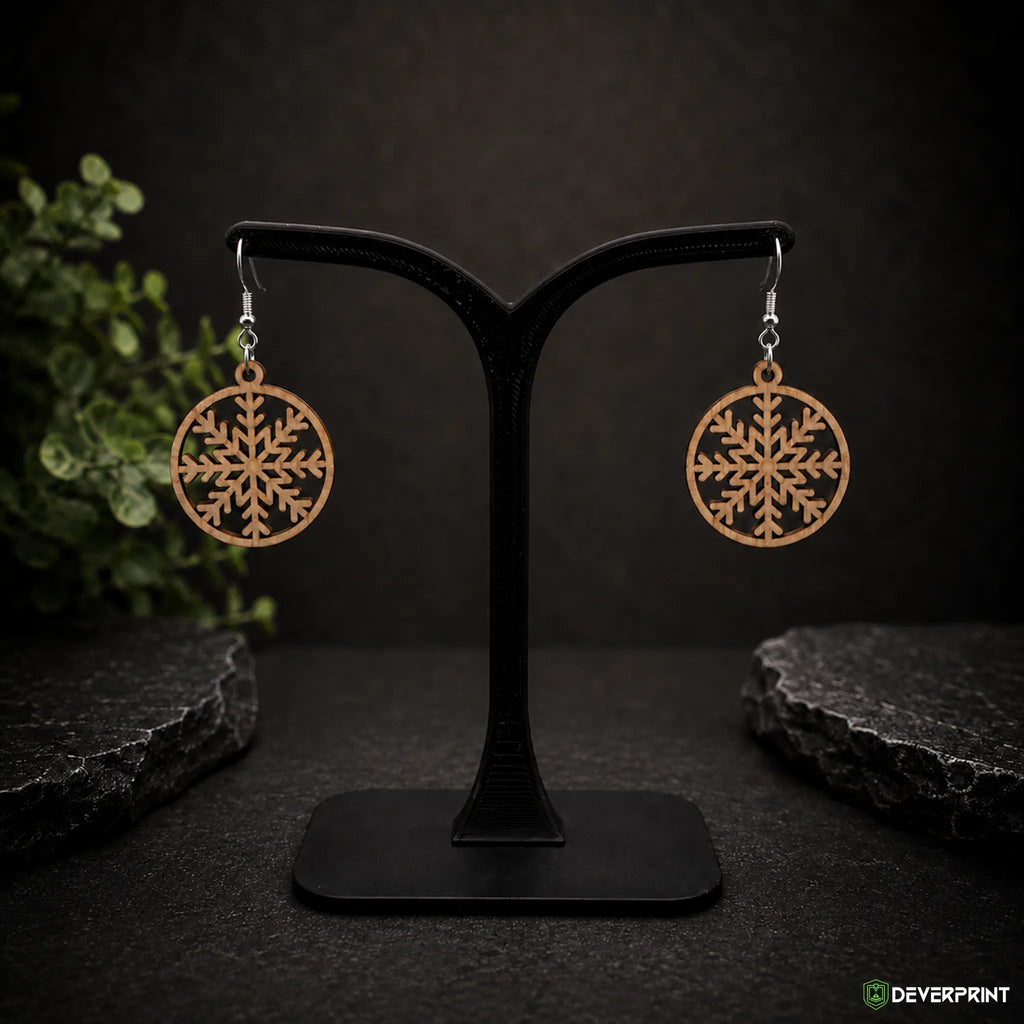 Boucles d’oreilles Flocon de neige en bois – Crochets dorés ou argentés