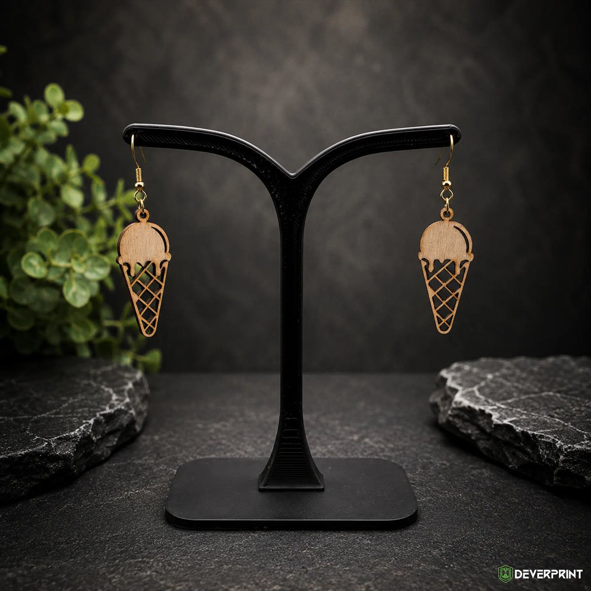 Boucles d’oreilles Cornet de glace en bois – Crochets dorés ou argentés