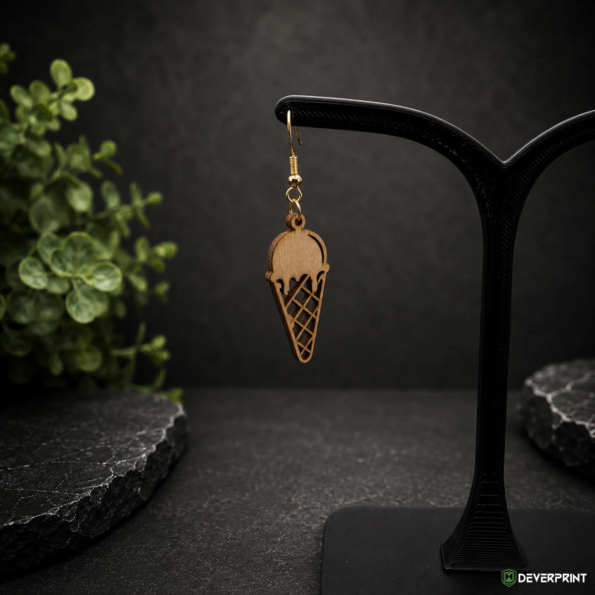 Boucles d’oreilles Cornet de glace en bois – Crochets dorés ou argentés