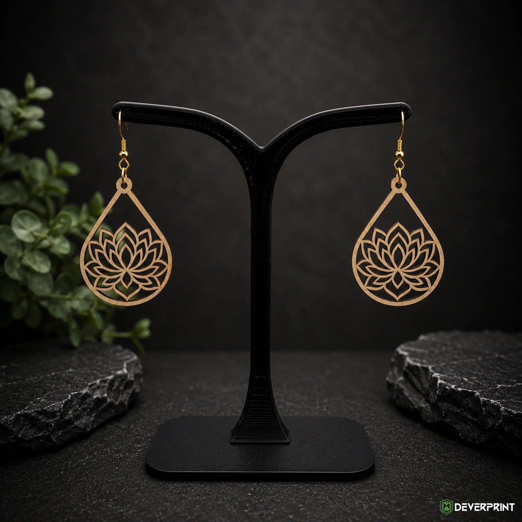 Boucles d’oreilles Fleur de lotus en bois – Crochets dorés ou argentés