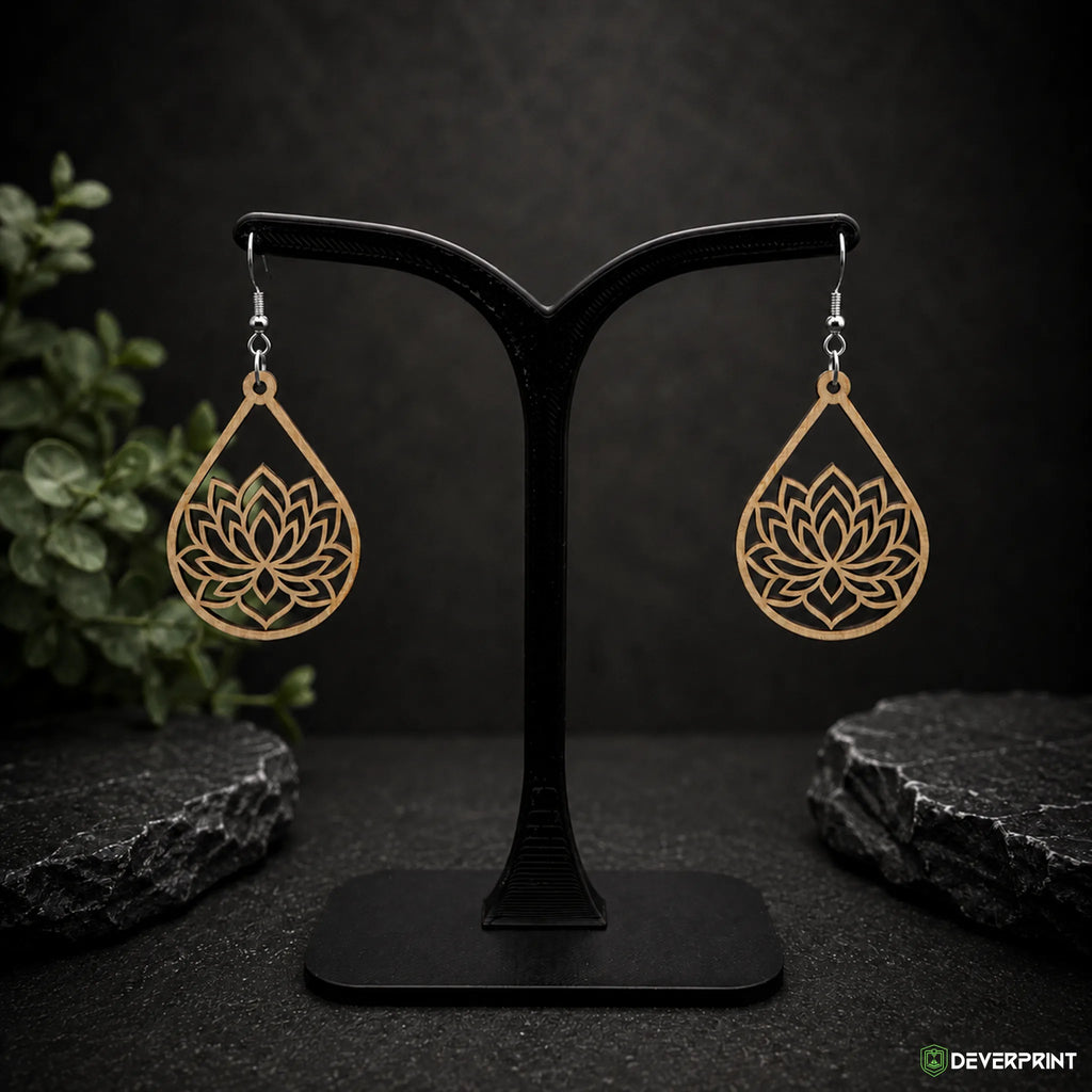 Boucles d’oreilles Fleur de lotus en bois – Crochets dorés ou argentés